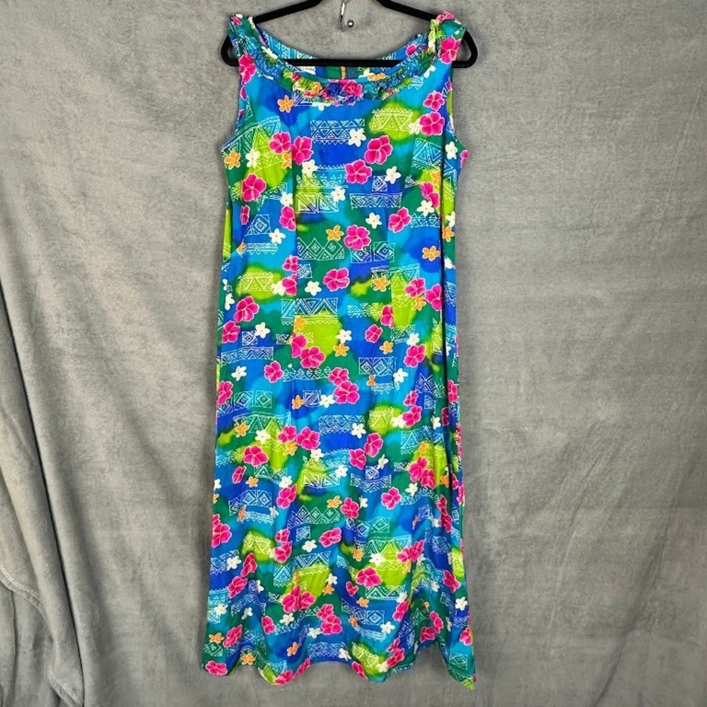 Royal Hawaiian Dress Womens 14 Blue Floral Vintage Tropical Luau Resort Beach